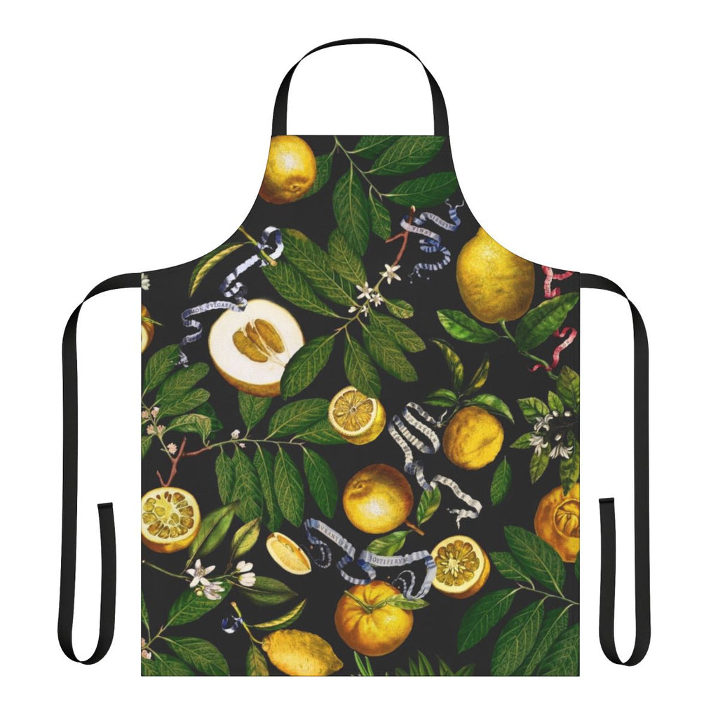 Lemon tree leaf and fruit print on a black apron for the kitchen, cooking, and gardening.