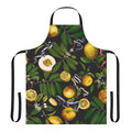 Lemon tree leaf and fruit print on a black apron for the kitchen, cooking, and gardening.