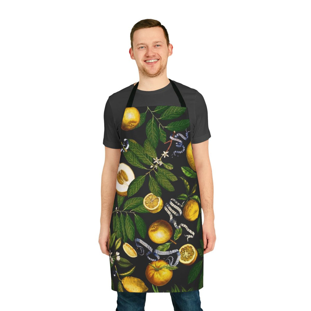 Lemon tree leaf and fruit print on a black apron for the kitchen, cooking, and gardening.
