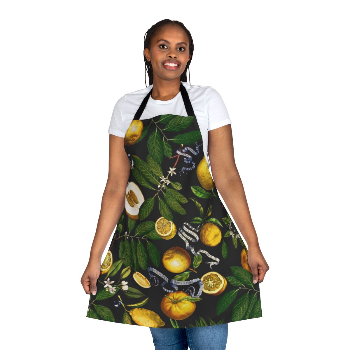 Lemon tree leaf and fruit print on a black apron for the kitchen, cooking, and gardening.
