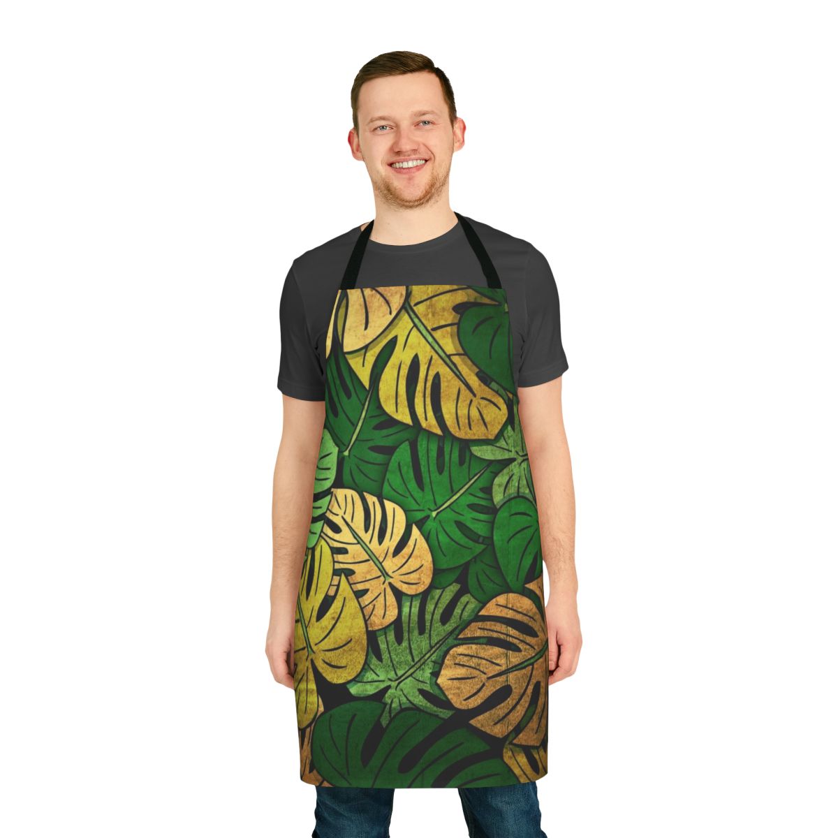 Grunge-style monstera leaves design on a high-quality apron for cooking, gardening, and home use.