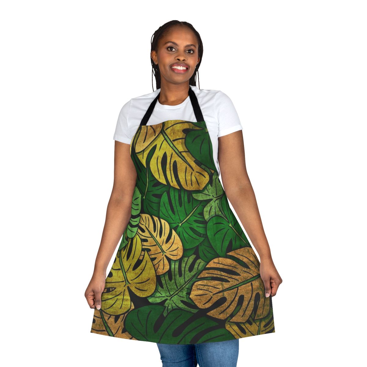 Grunge-style monstera leaves design on a high-quality apron for cooking, gardening, and home use.