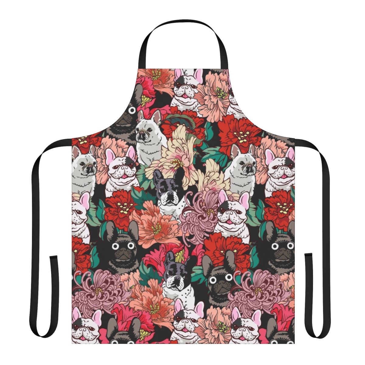 A stylish apron featuring a botanical pattern design and a French Bulldog motif