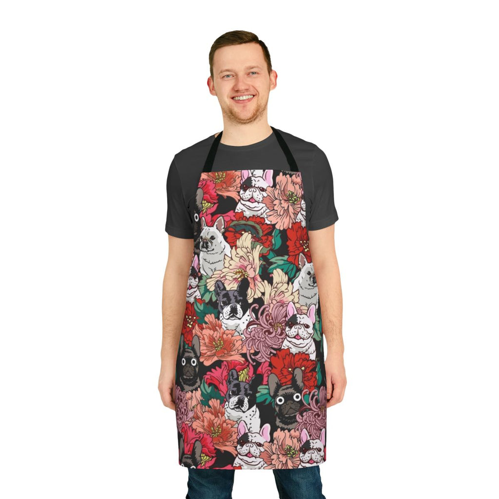 A stylish apron featuring a botanical pattern design and a French Bulldog motif
