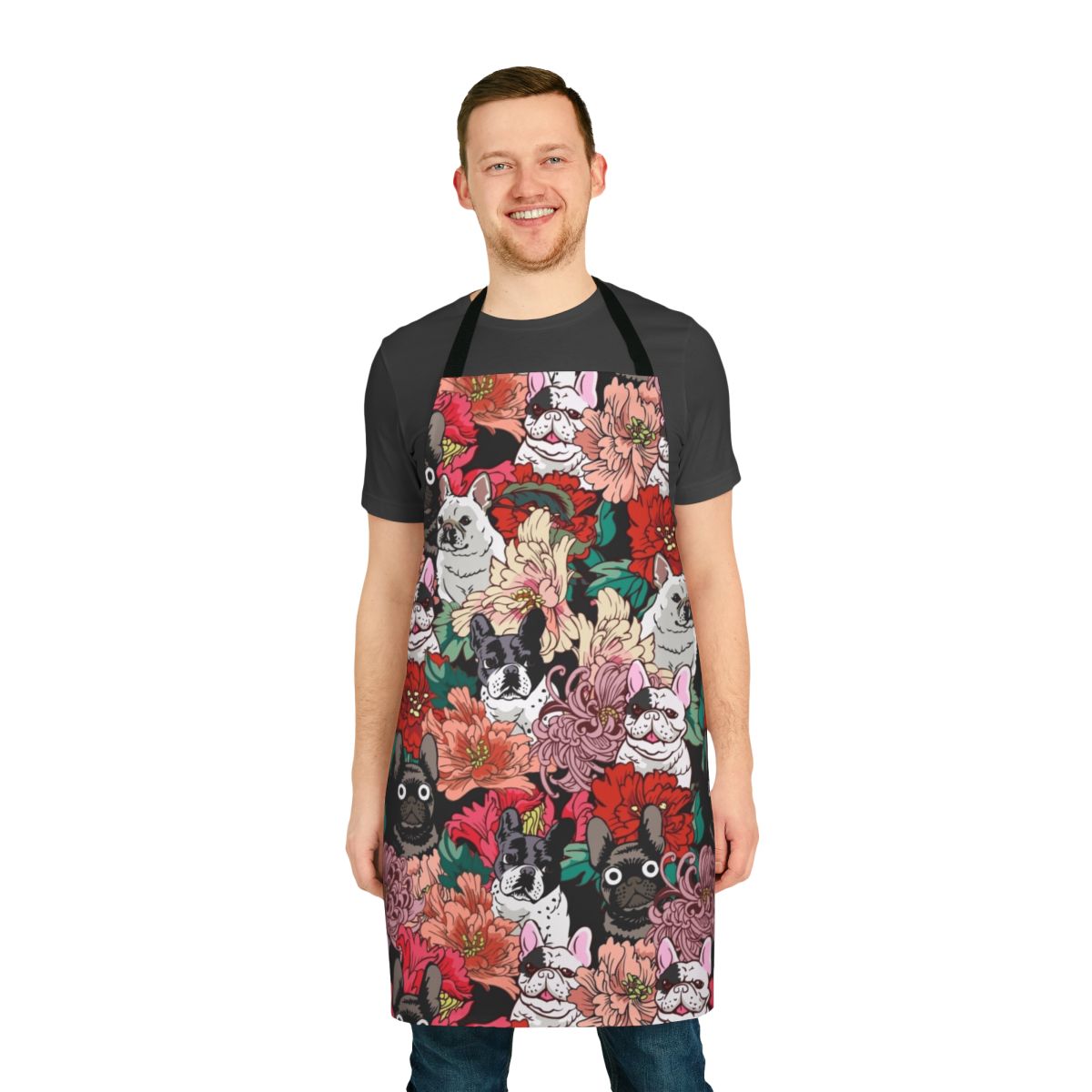 A stylish apron featuring a botanical pattern design and a French Bulldog motif