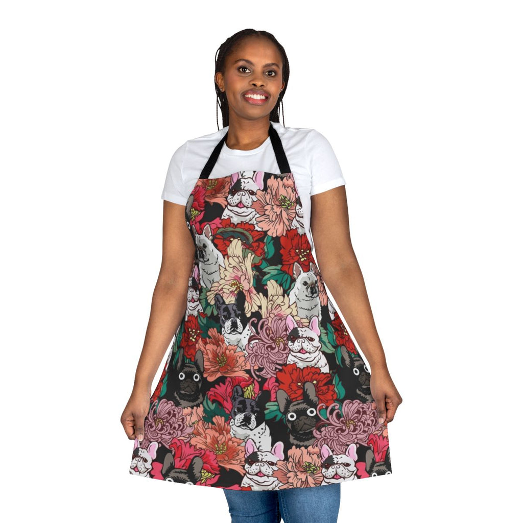 A stylish apron featuring a botanical pattern design and a French Bulldog motif