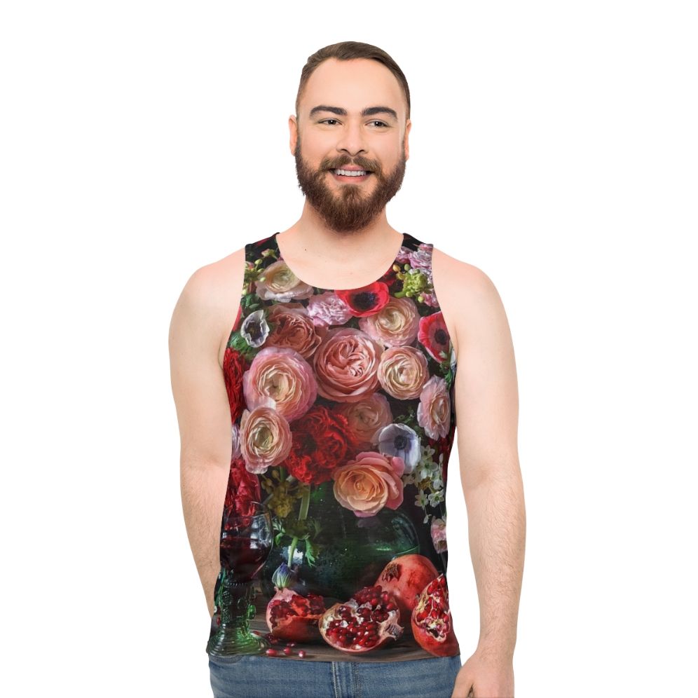 Unisex tank top with a botanical pomegranate print