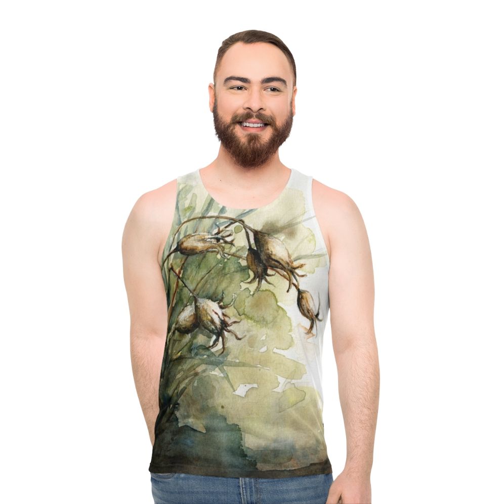 Unisex tank top with botanical seed pod design