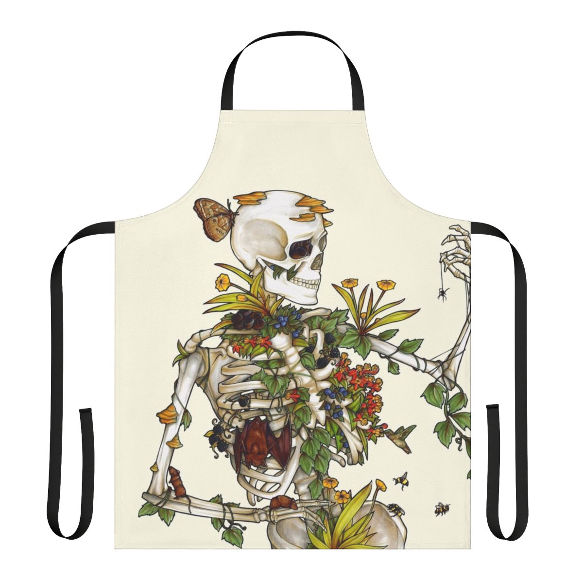 Apron featuring a botanical skeleton art design with bones, plants, and flowers