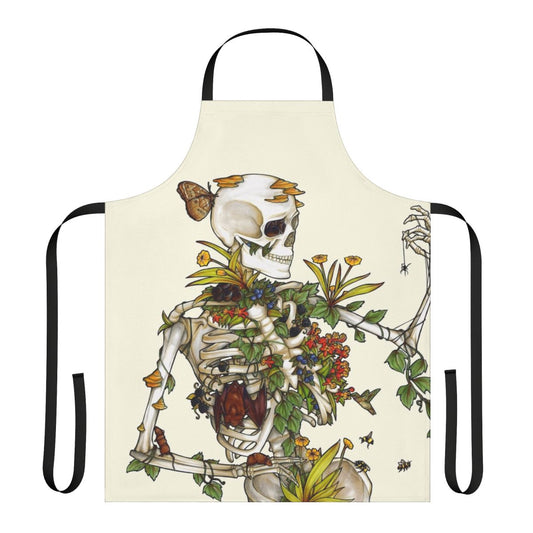 Apron featuring a botanical skeleton art design with bones, plants, and flowers