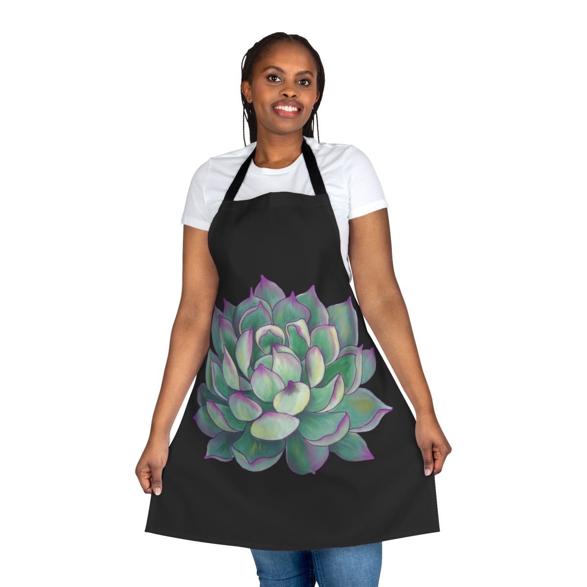 Succulent plants printed on a durable apron for gardening and horticulture enthusiasts