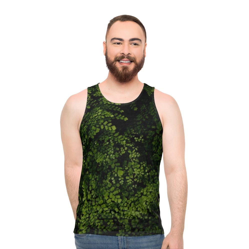 Unisex tank top with botanical print of tropical leaves