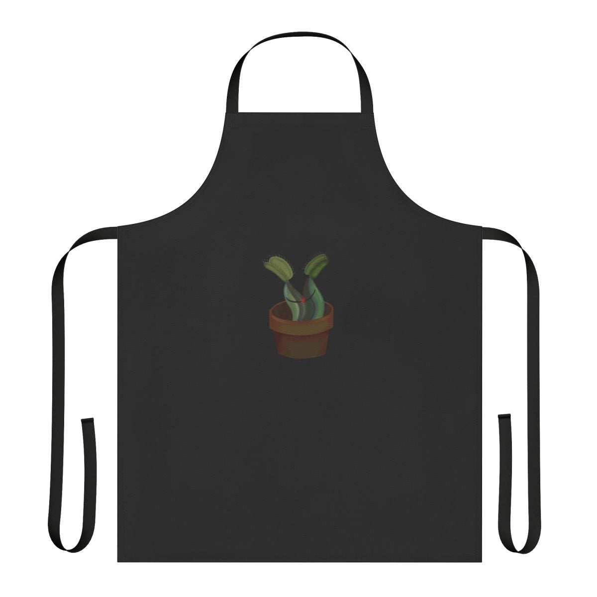 A unique apron featuring a playful design of two venus flytraps in love, perfect for plant enthusiasts.