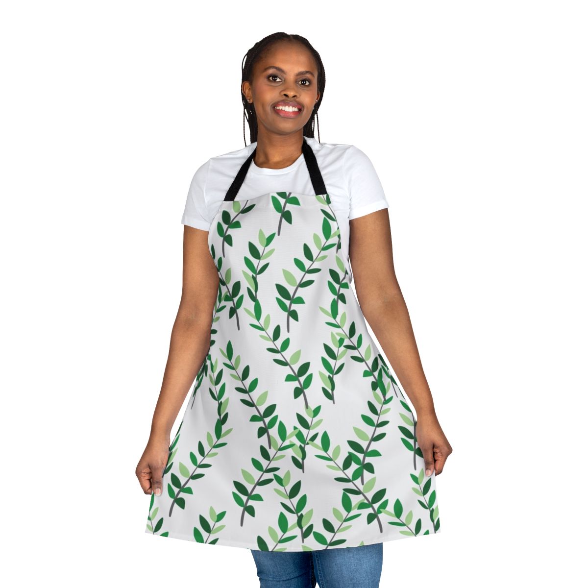 Apron featuring a botanical pattern of green and white ZZ plant leaves