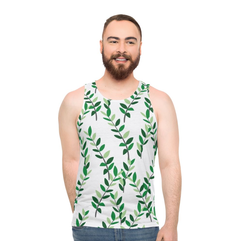 Unisex tank top with a botanical zz plant leaves design