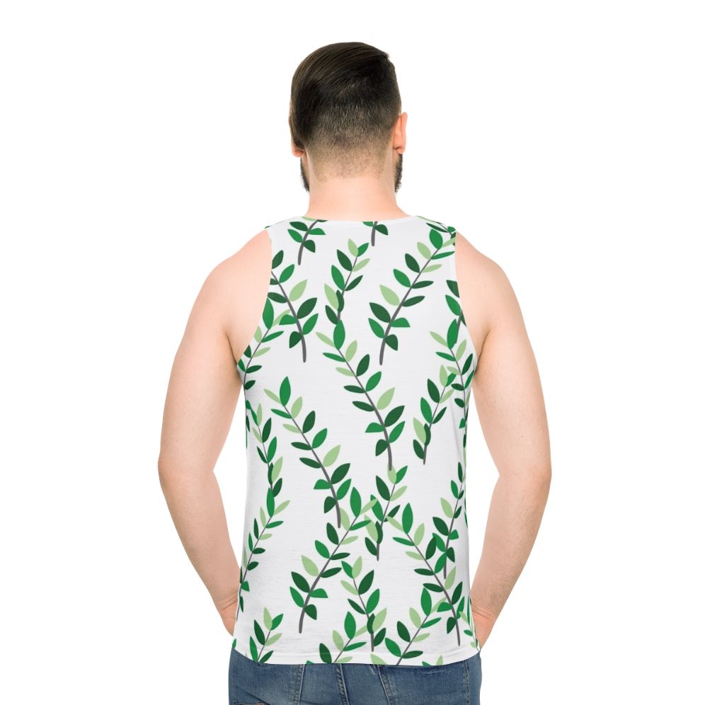 Unisex tank top with a botanical zz plant leaves design