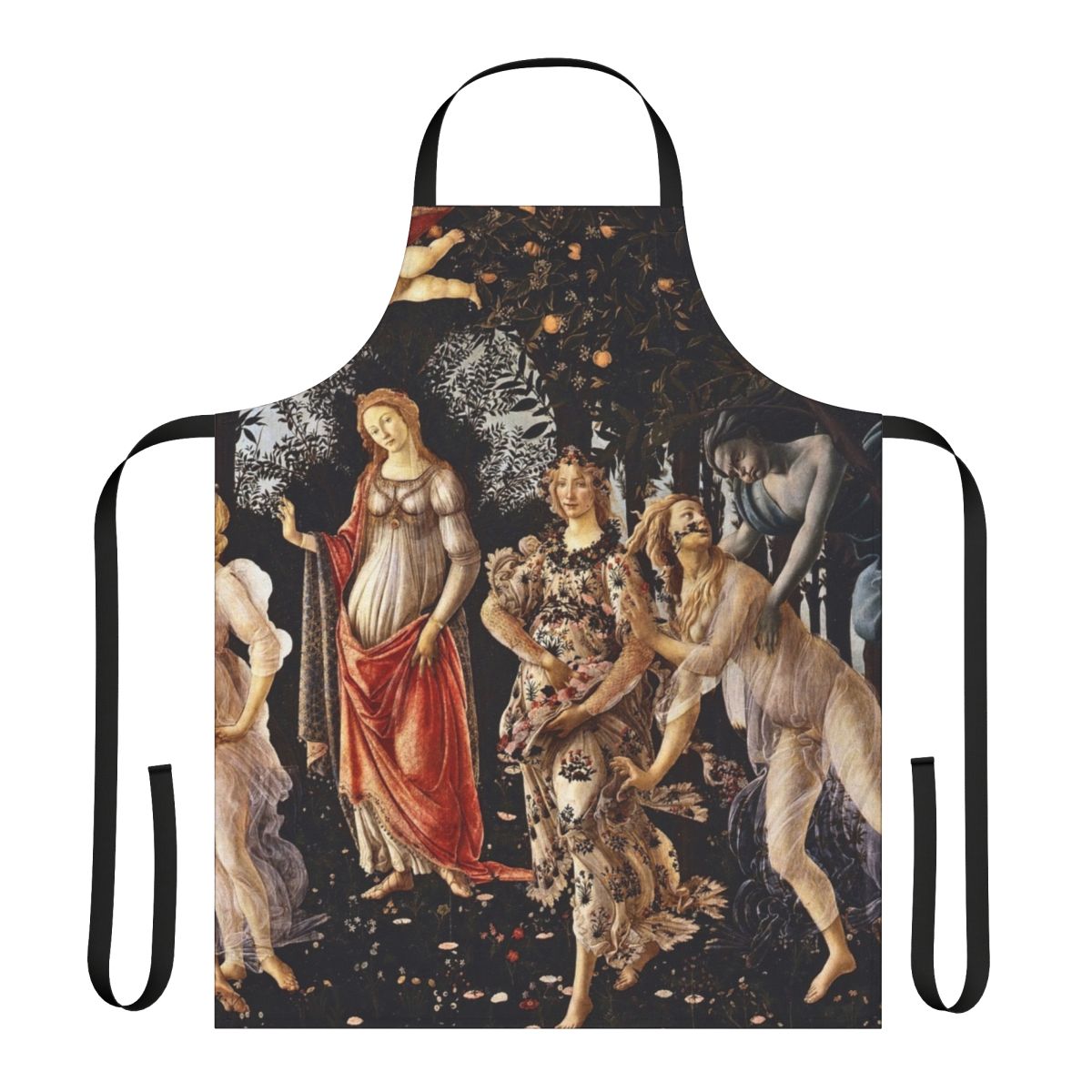 Vintage-style apron featuring Botticelli's famous painting 'La Primavera' from 1481-1482.
