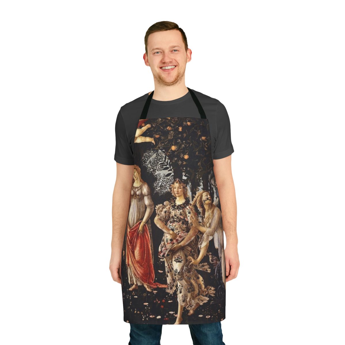 Vintage-style apron featuring Botticelli's famous painting 'La Primavera' from 1481-1482.