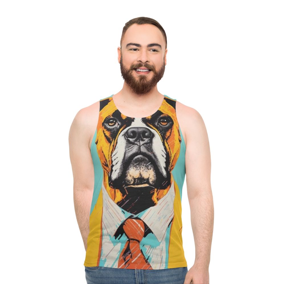 Boxer dog wearing a yellow suit, retro dog art design