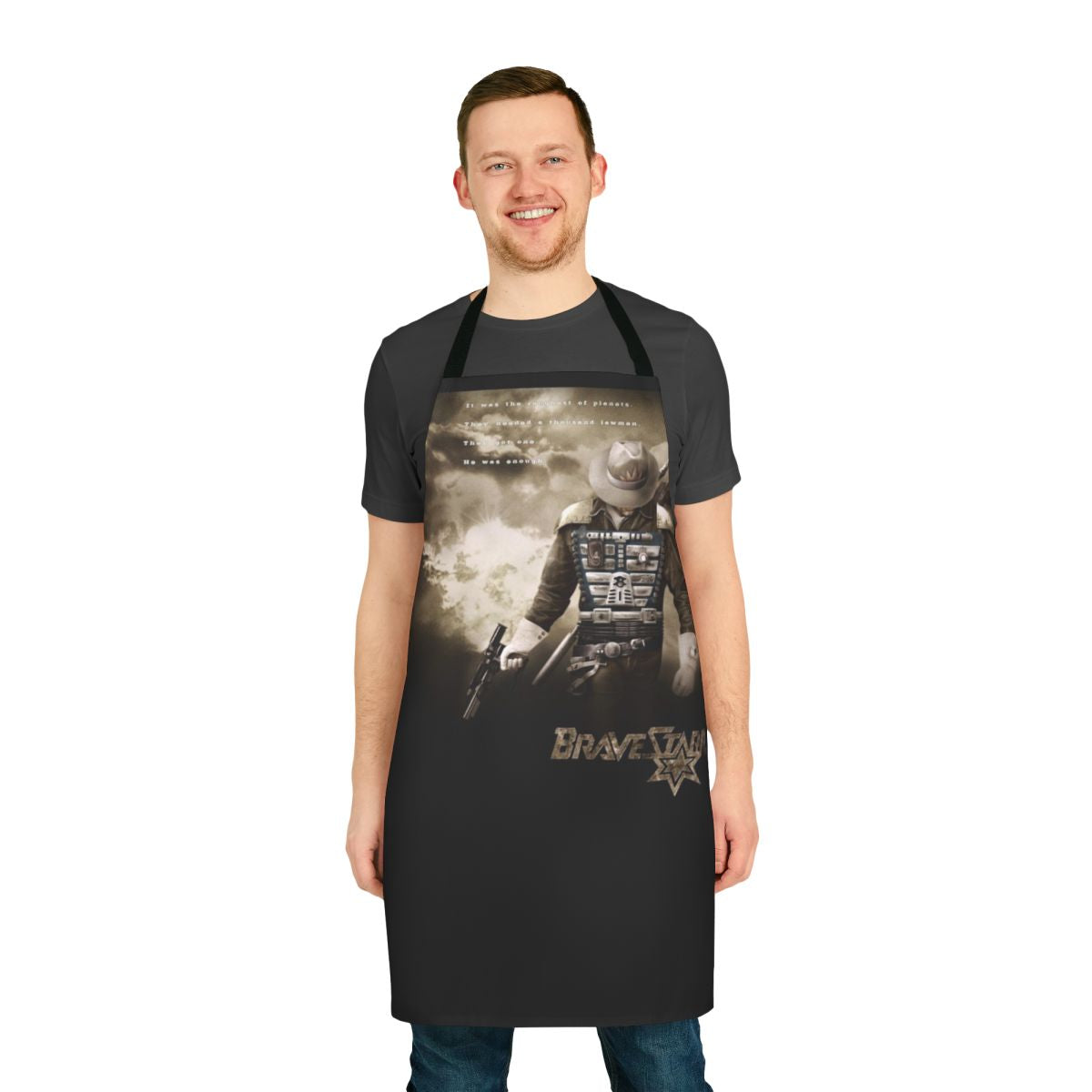 Brave cartoon apron featuring a whimsical cowboy design