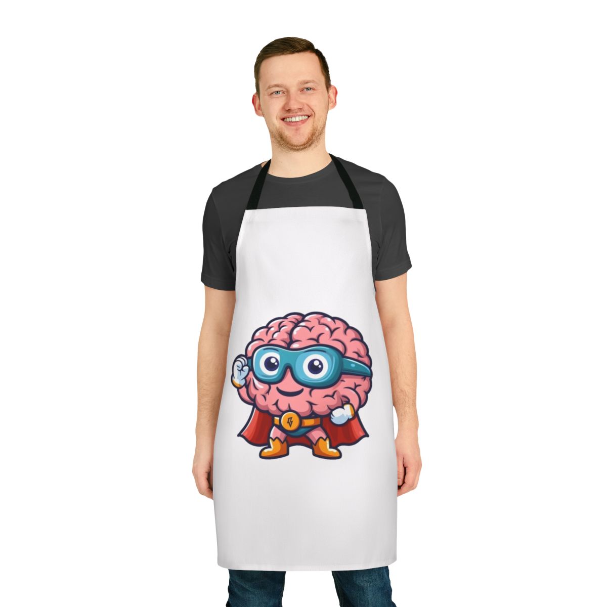 Brave patient wearing an MRI-themed superhero apron