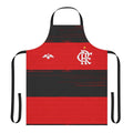 Brazil soccer fan holding Flamengo inspired kitchen apron