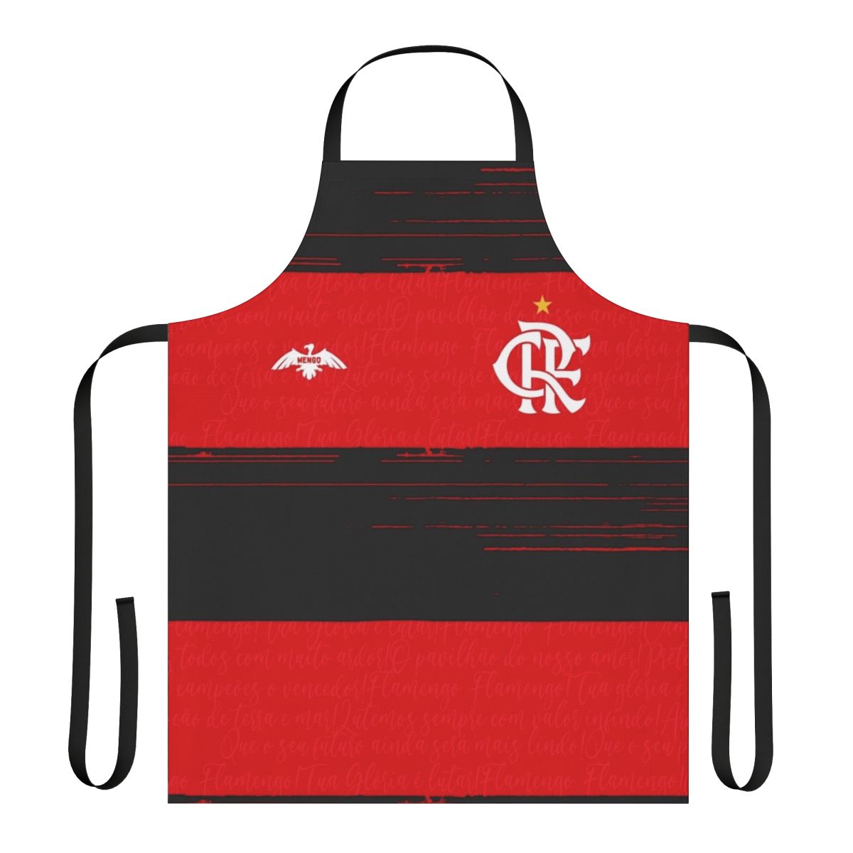 Brazil soccer fan holding Flamengo inspired kitchen apron