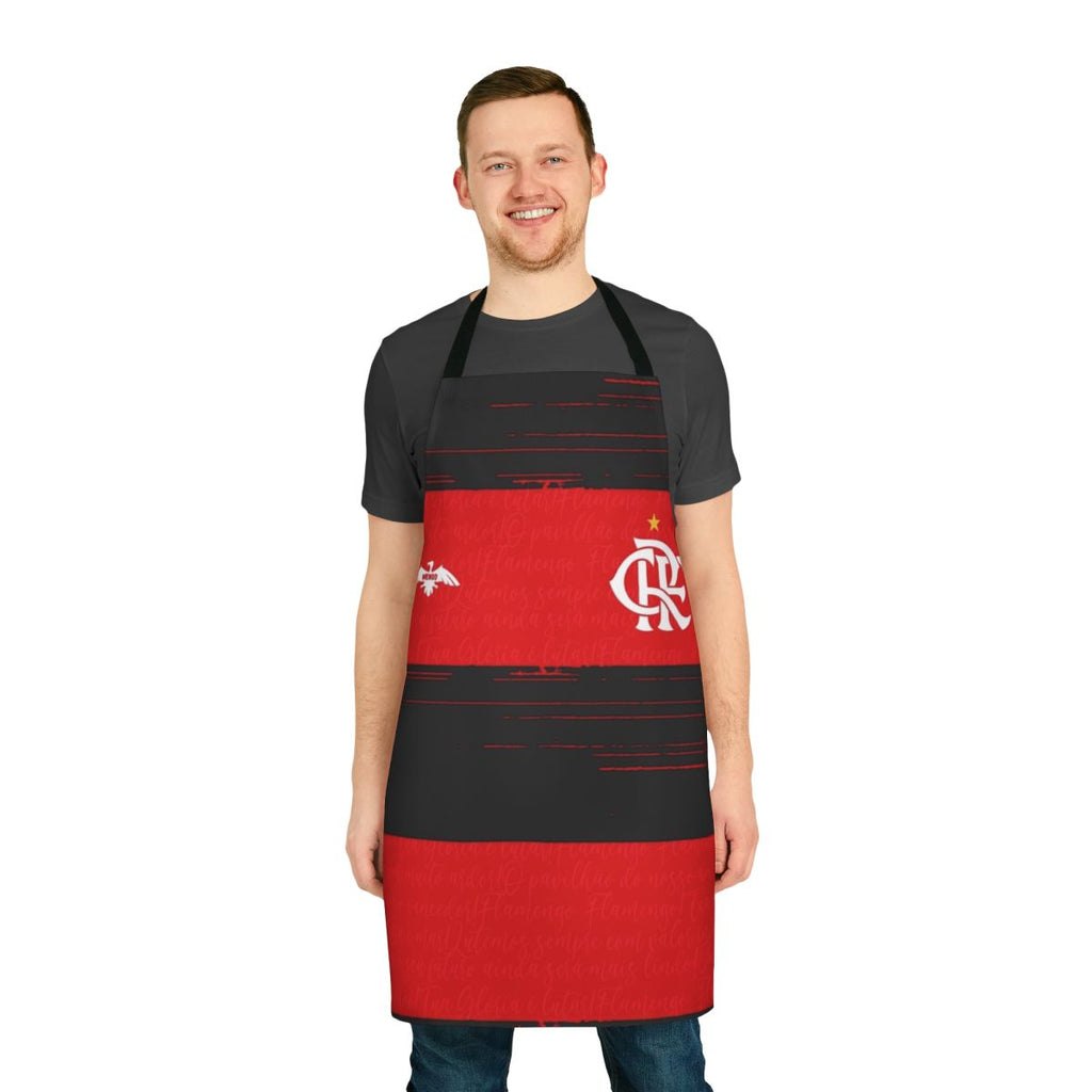 Brazil soccer fan holding Flamengo inspired kitchen apron