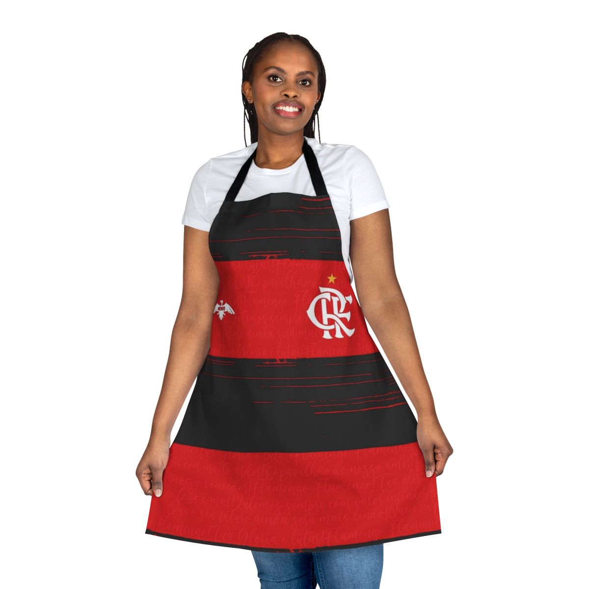 Brazil soccer fan holding Flamengo inspired kitchen apron
