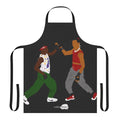A colorful apron featuring breakdance, hip hop, and shrimp dancing motifs.