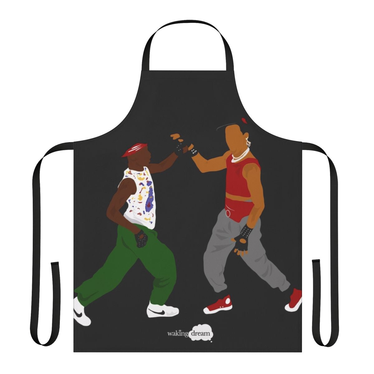 A colorful apron featuring breakdance, hip hop, and shrimp dancing motifs.