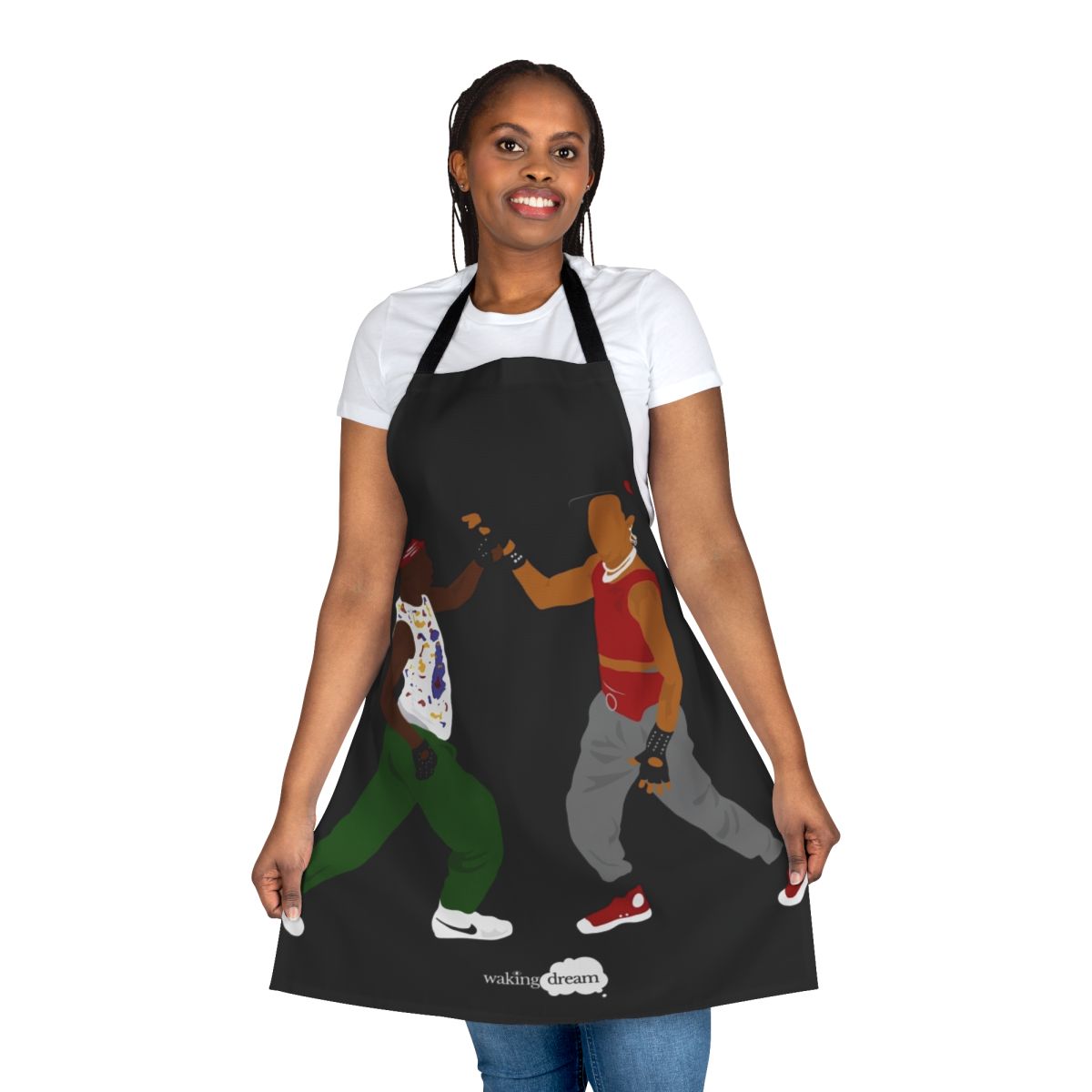 A colorful apron featuring breakdance, hip hop, and shrimp dancing motifs.