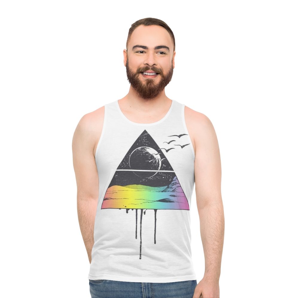 Unisex tank top with breathable fabric, triangle, bird, and night sky design