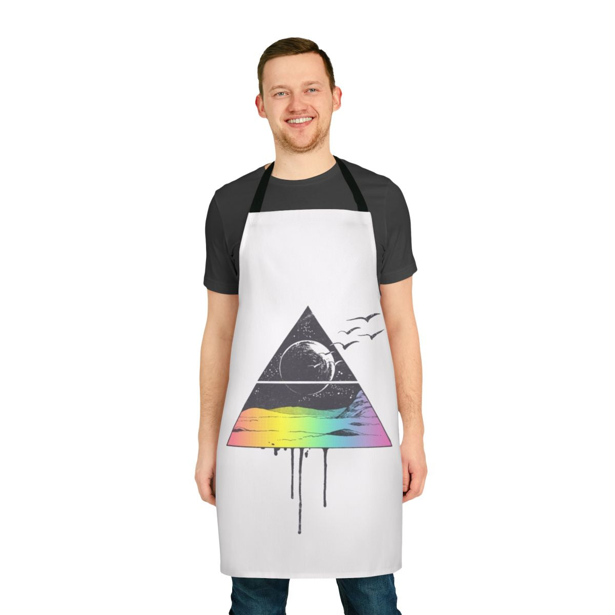 Breathtaking apron featuring a bird silhouette and celestial design in vibrant colors