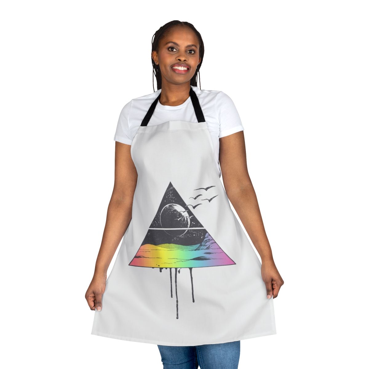 Breathtaking apron featuring a bird silhouette and celestial design in vibrant colors