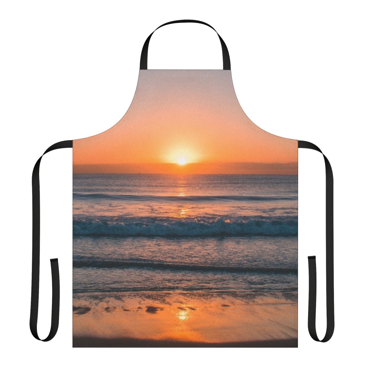 Stunning sunset over the ocean, beach, and sky depicted on a high-quality apron.