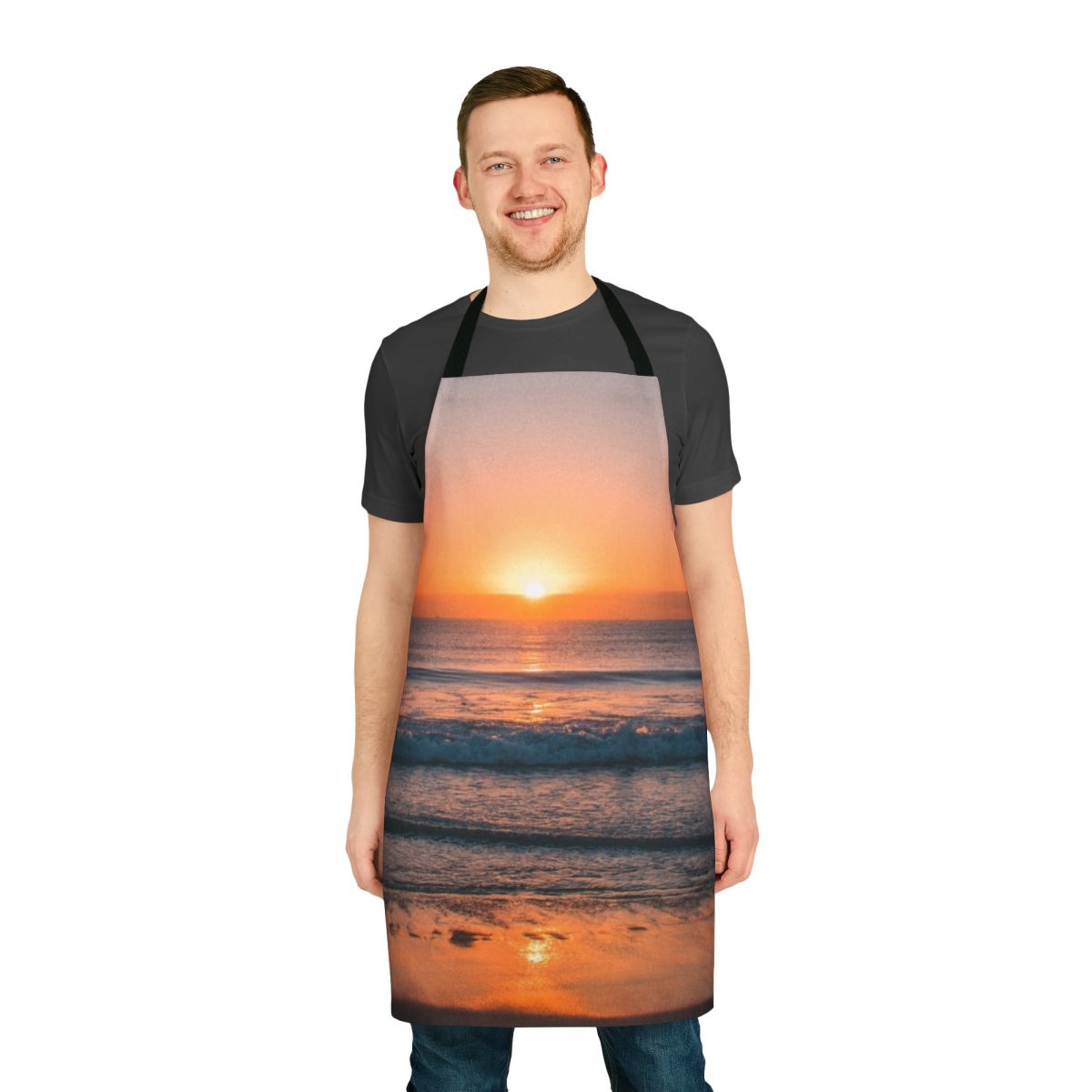 Stunning sunset over the ocean, beach, and sky depicted on a high-quality apron.