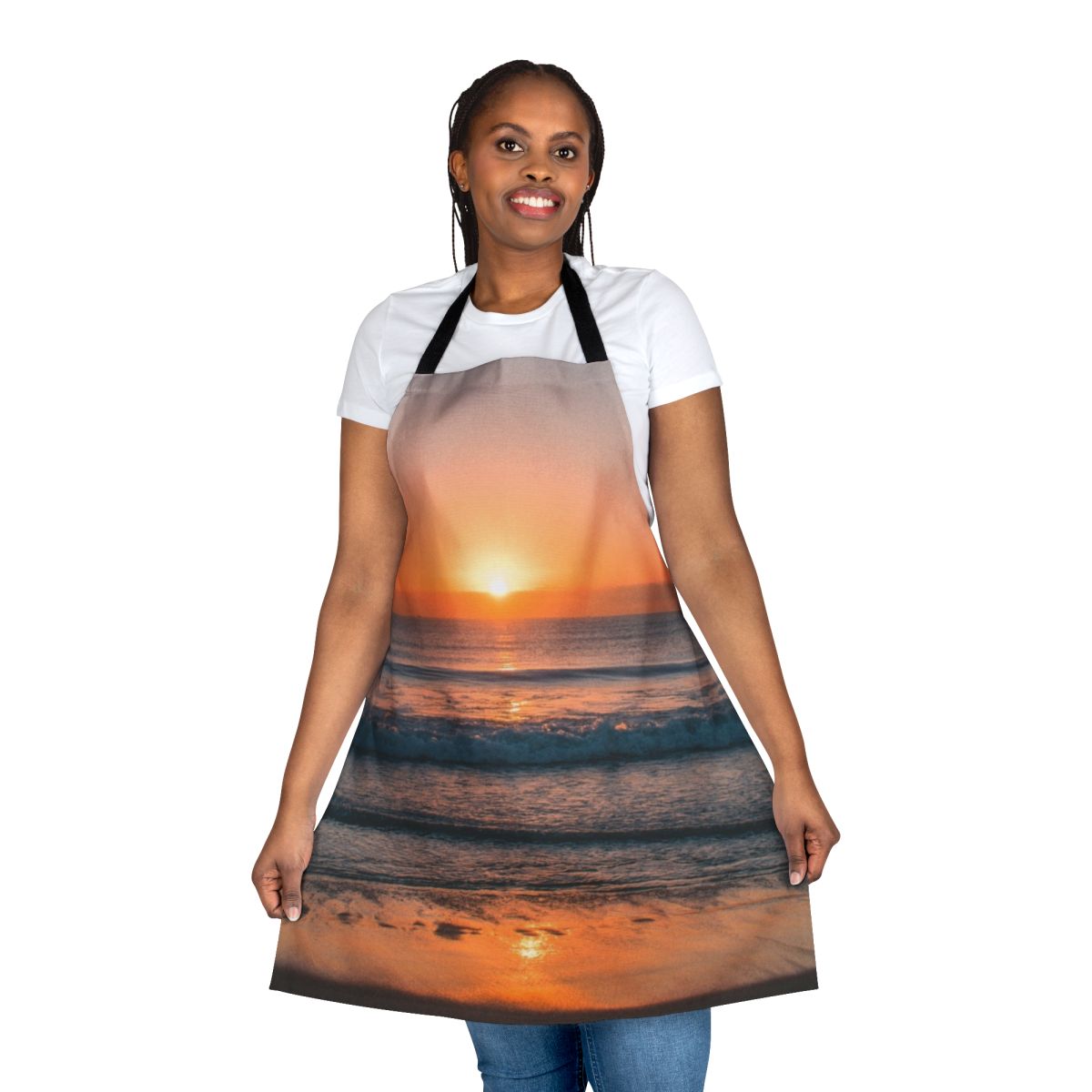 Stunning sunset over the ocean, beach, and sky depicted on a high-quality apron.