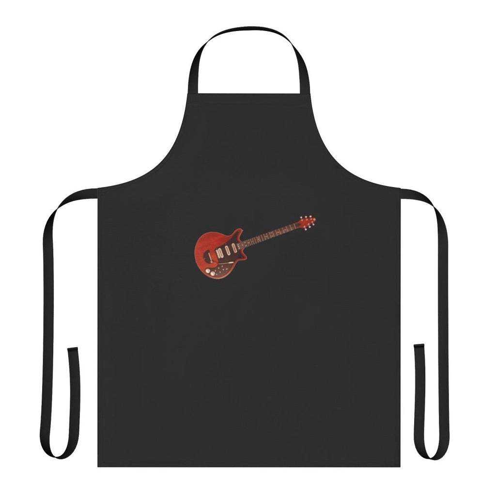 An apron featuring a graphic of Brian May's iconic "Red Special" guitar, a symbol of the legendary British rock band Queen.