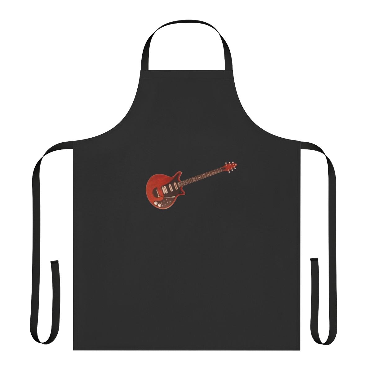 An apron featuring a graphic of Brian May's iconic "Red Special" guitar, a symbol of the legendary British rock band Queen.