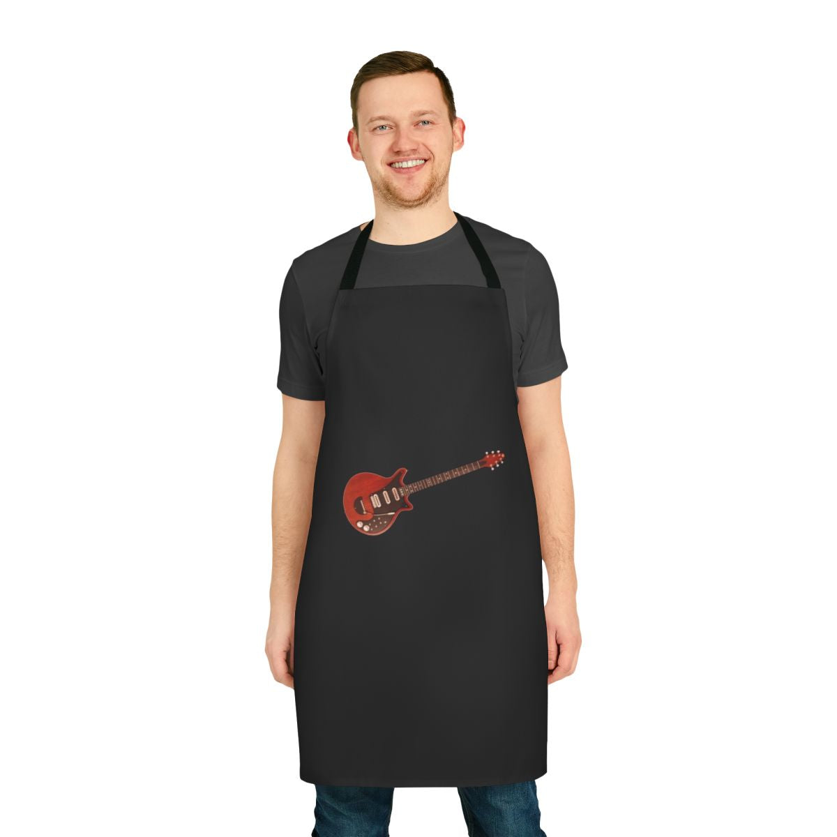 An apron featuring a graphic of Brian May's iconic "Red Special" guitar, a symbol of the legendary British rock band Queen.