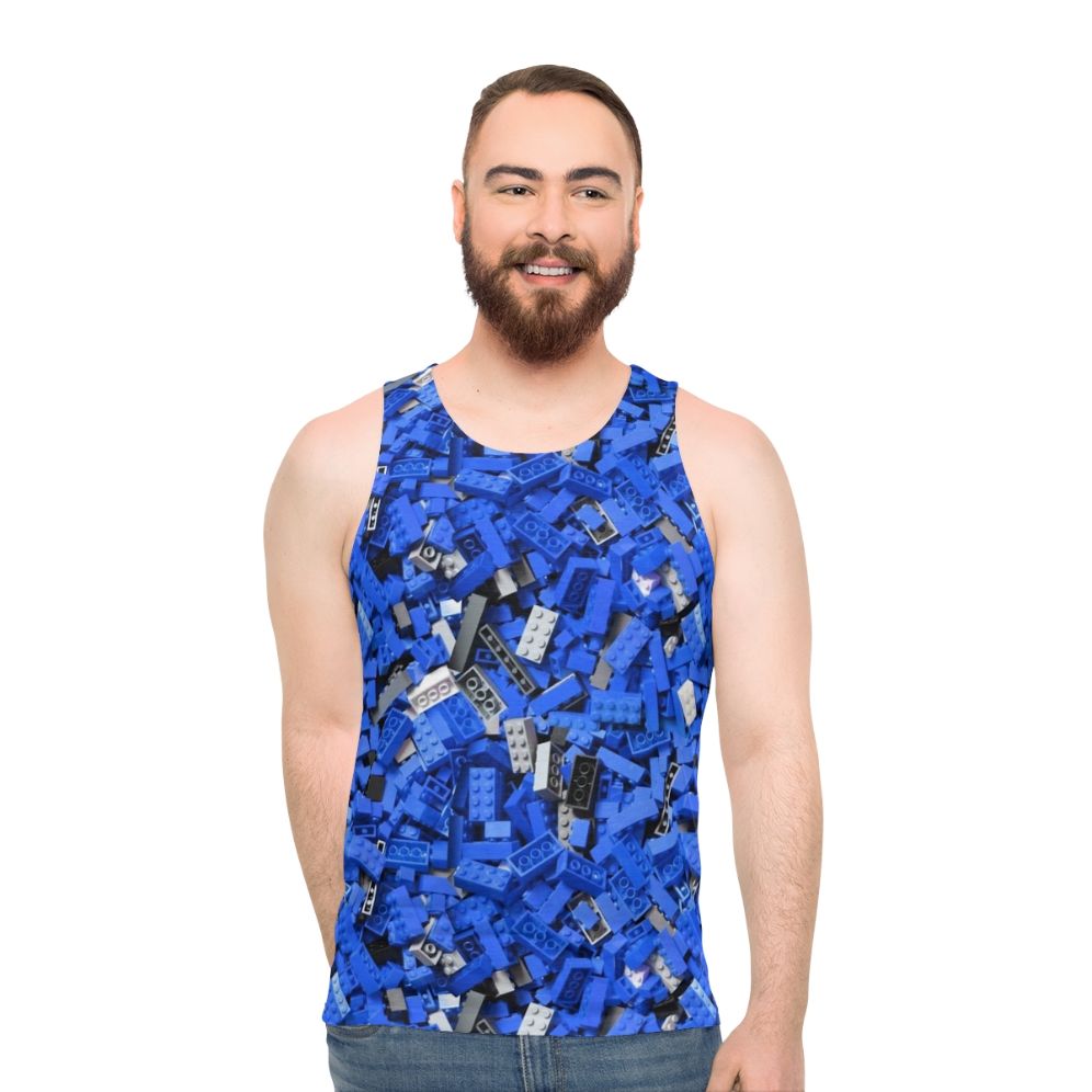Blue unisex tank top with a repeating bricks/lego-inspired pattern