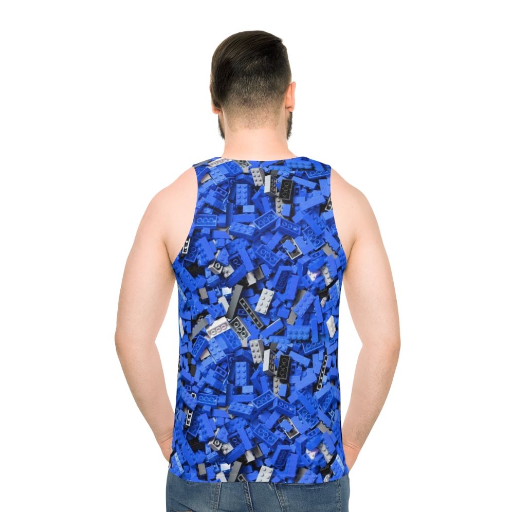 Blue unisex tank top with a repeating bricks/lego-inspired pattern