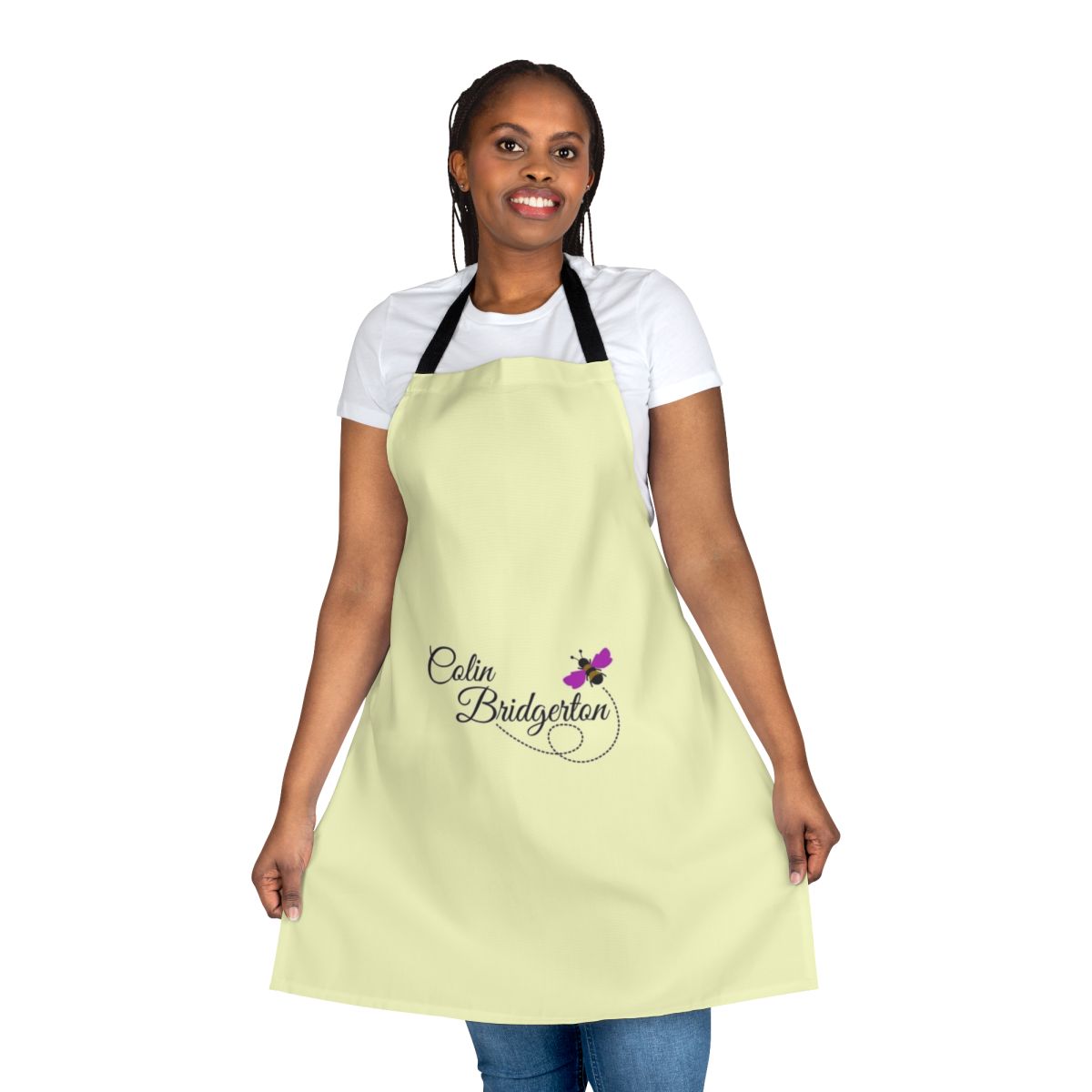 A personalized apron featuring a bee design, perfect for Bridgerton fans.