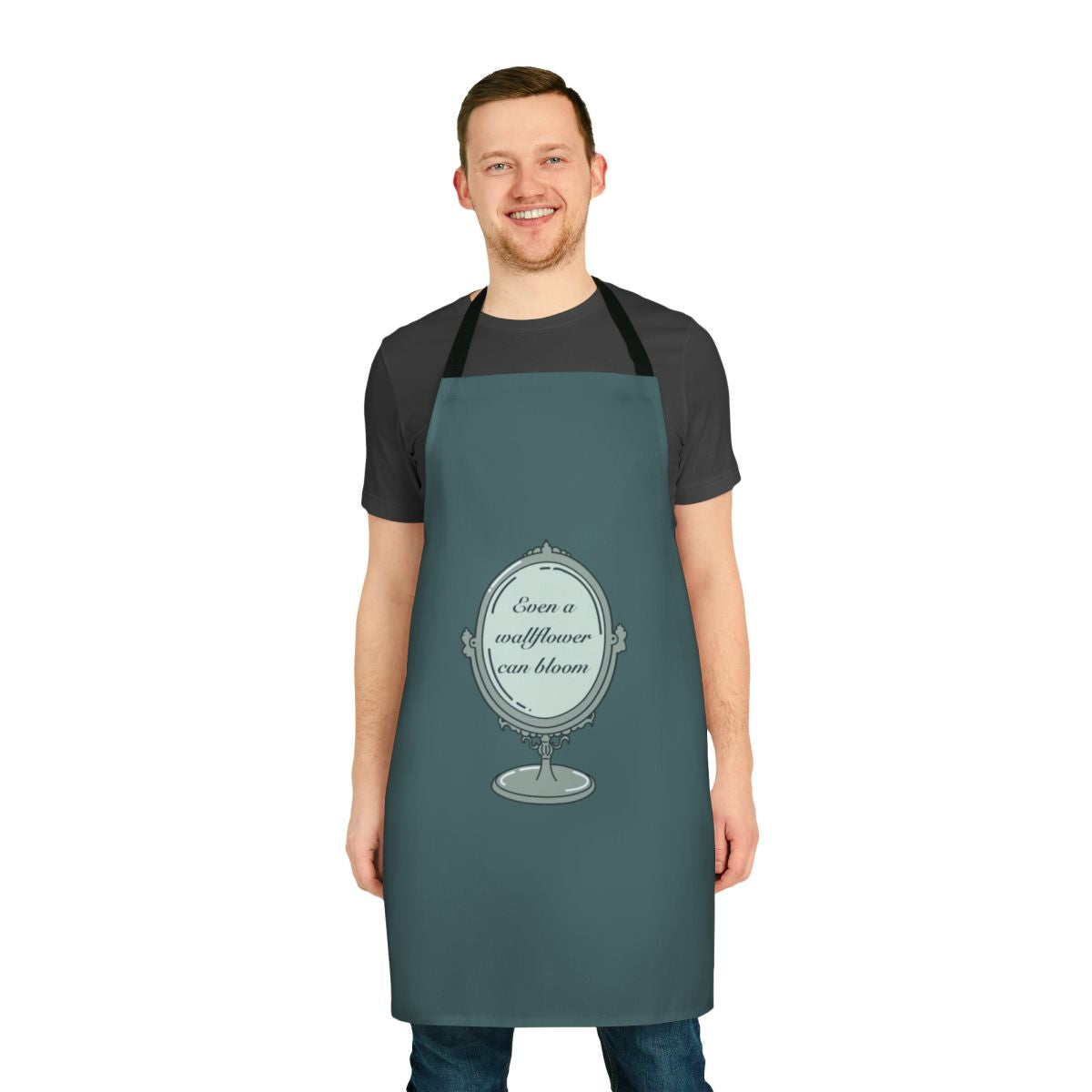 Bridgerton-inspired floral apron with "Even a Wallflower Can Bloom" text
