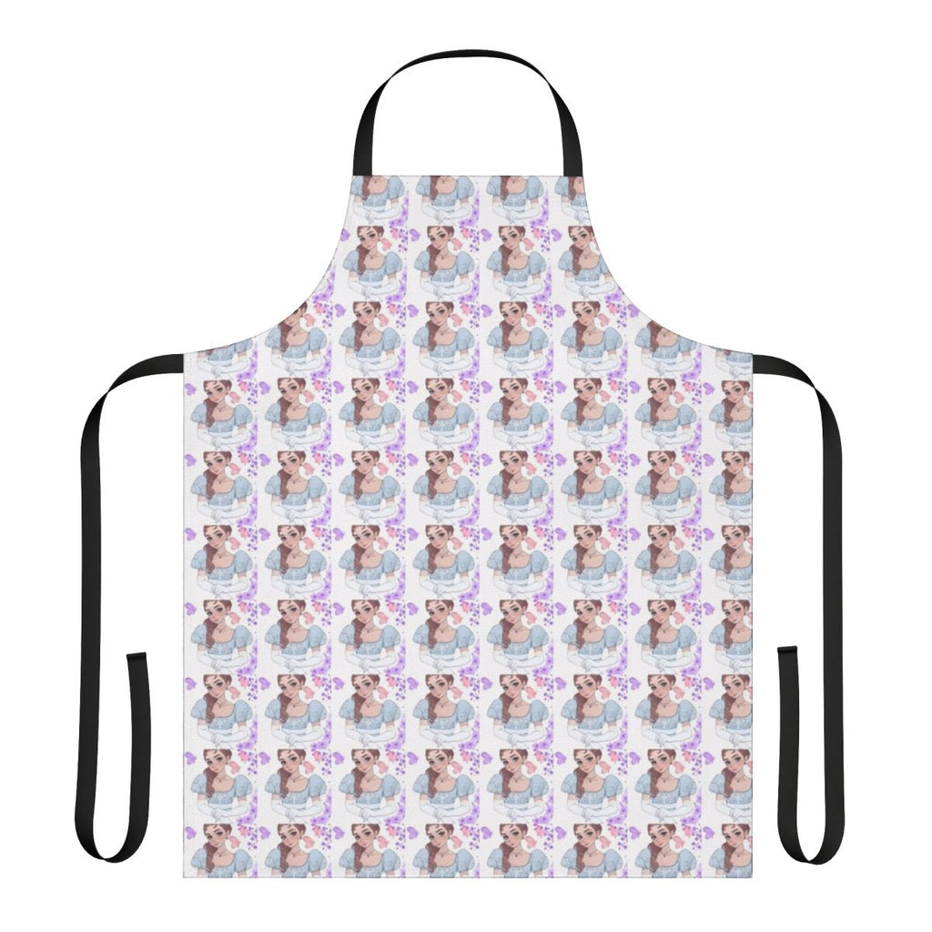 A white apron with a Bridgerton-inspired floral design, perfect for fans of the Netflix series.