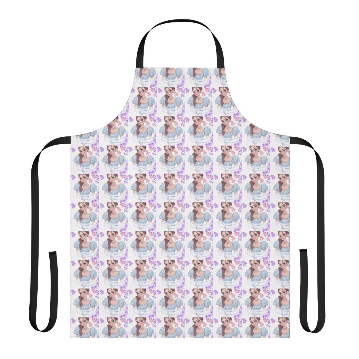 A white apron with a Bridgerton-inspired floral design, perfect for fans of the Netflix series.