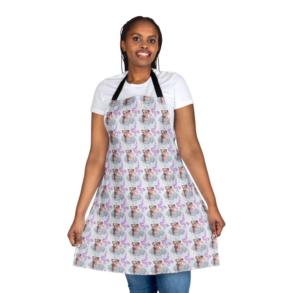 A white apron with a Bridgerton-inspired floral design, perfect for fans of the Netflix series.