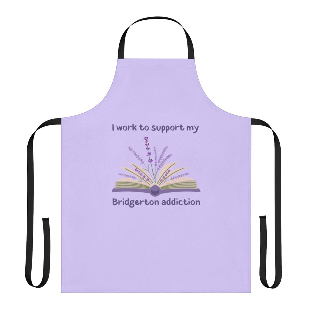 Apron with floral pattern and "I Work To Support My Bridgerton Addiction" text, inspired by the popular Netflix series Bridgerton.