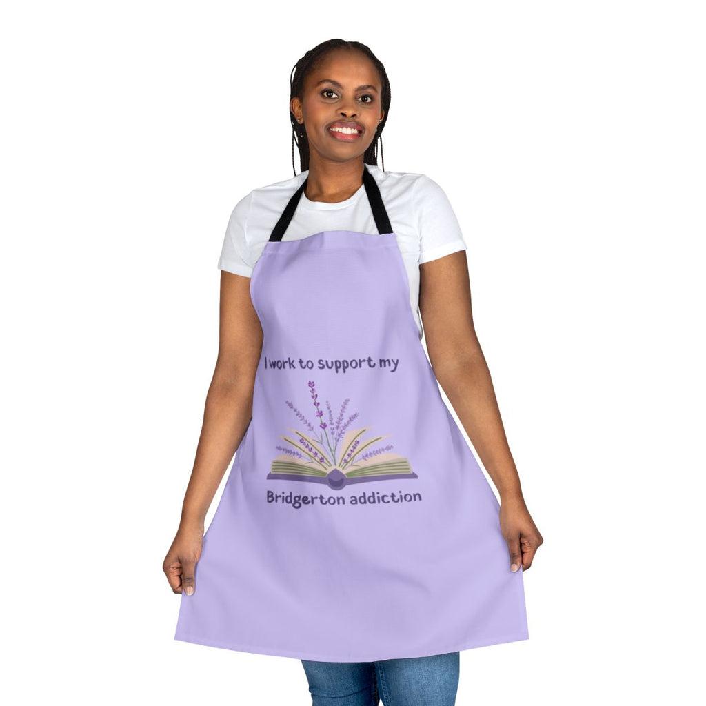 Apron with floral pattern and "I Work To Support My Bridgerton Addiction" text, inspired by the popular Netflix series Bridgerton.